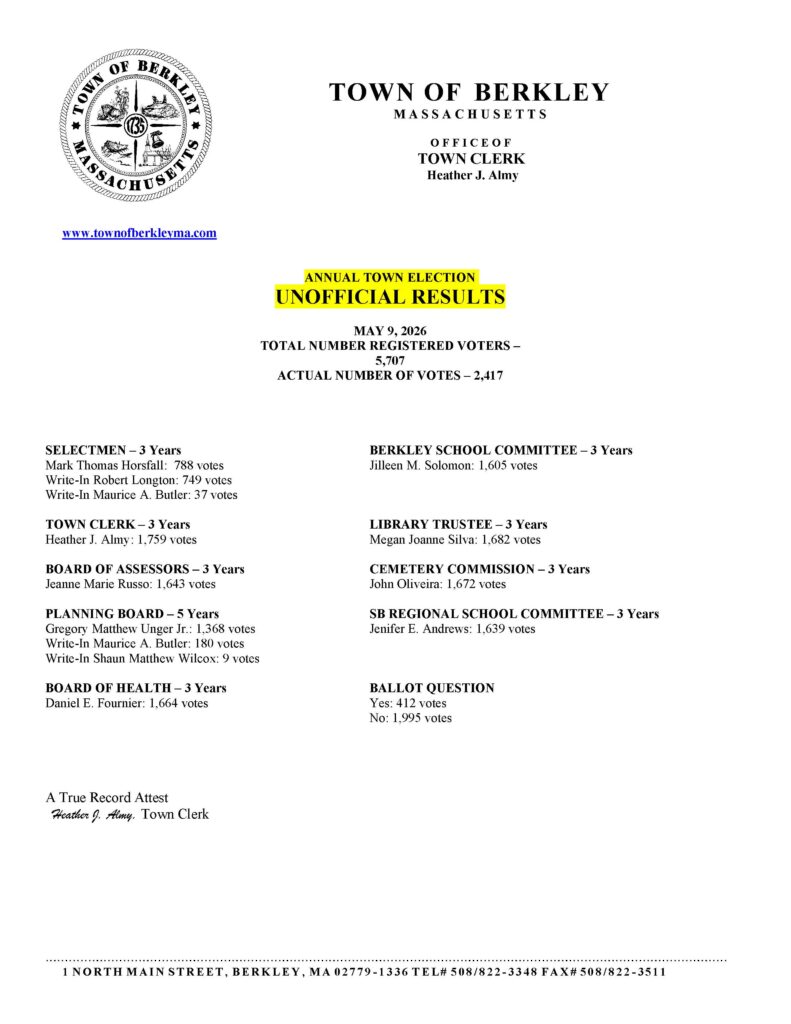 MAY 9, 2026 ANNUAL TOWN ELECTION UNOFFICIAL RESULTS – Town of Berkley ...